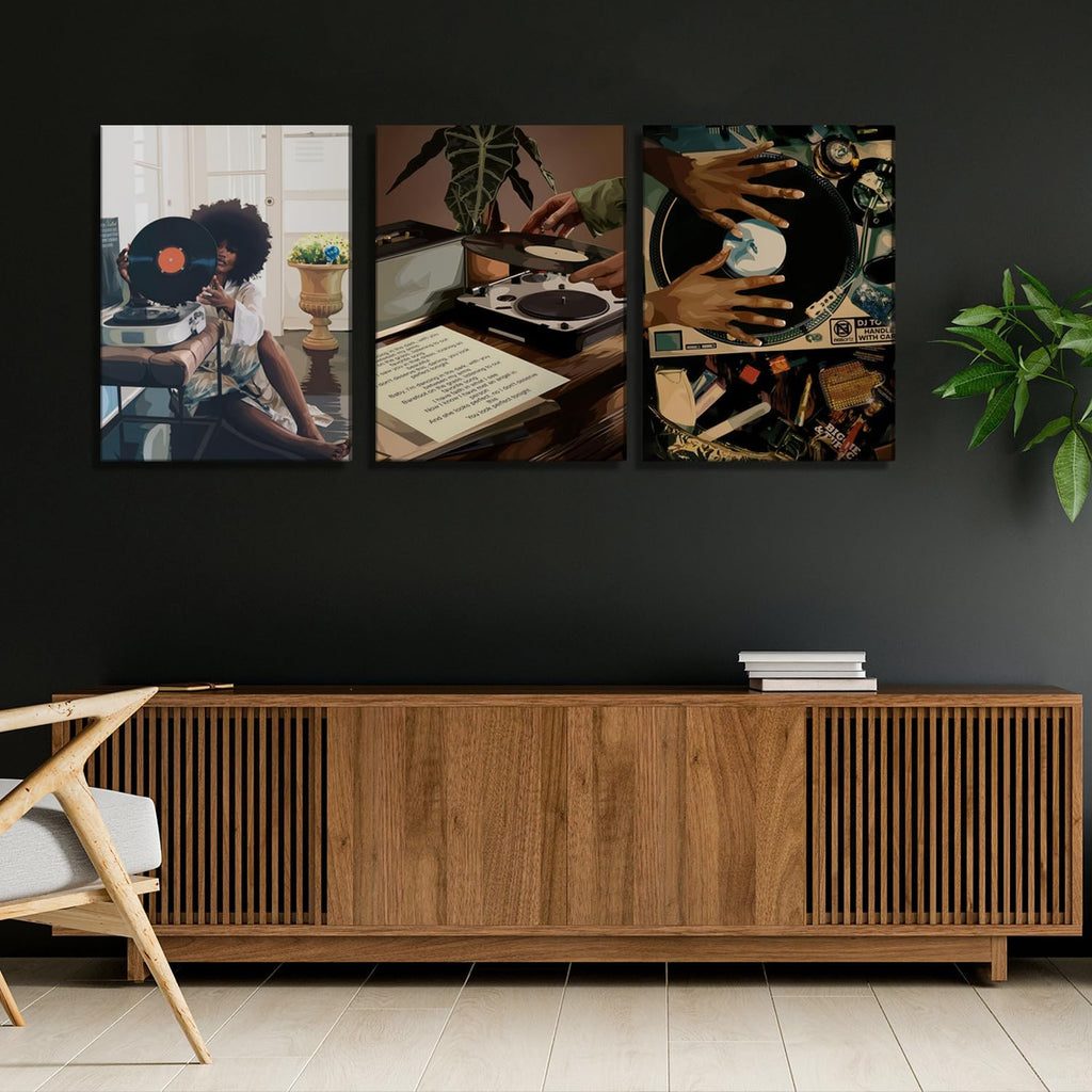 Black Girl Wall Art Decor Modern Black Woman Painting Prints, Set of 3 African American Music Record Player Poster