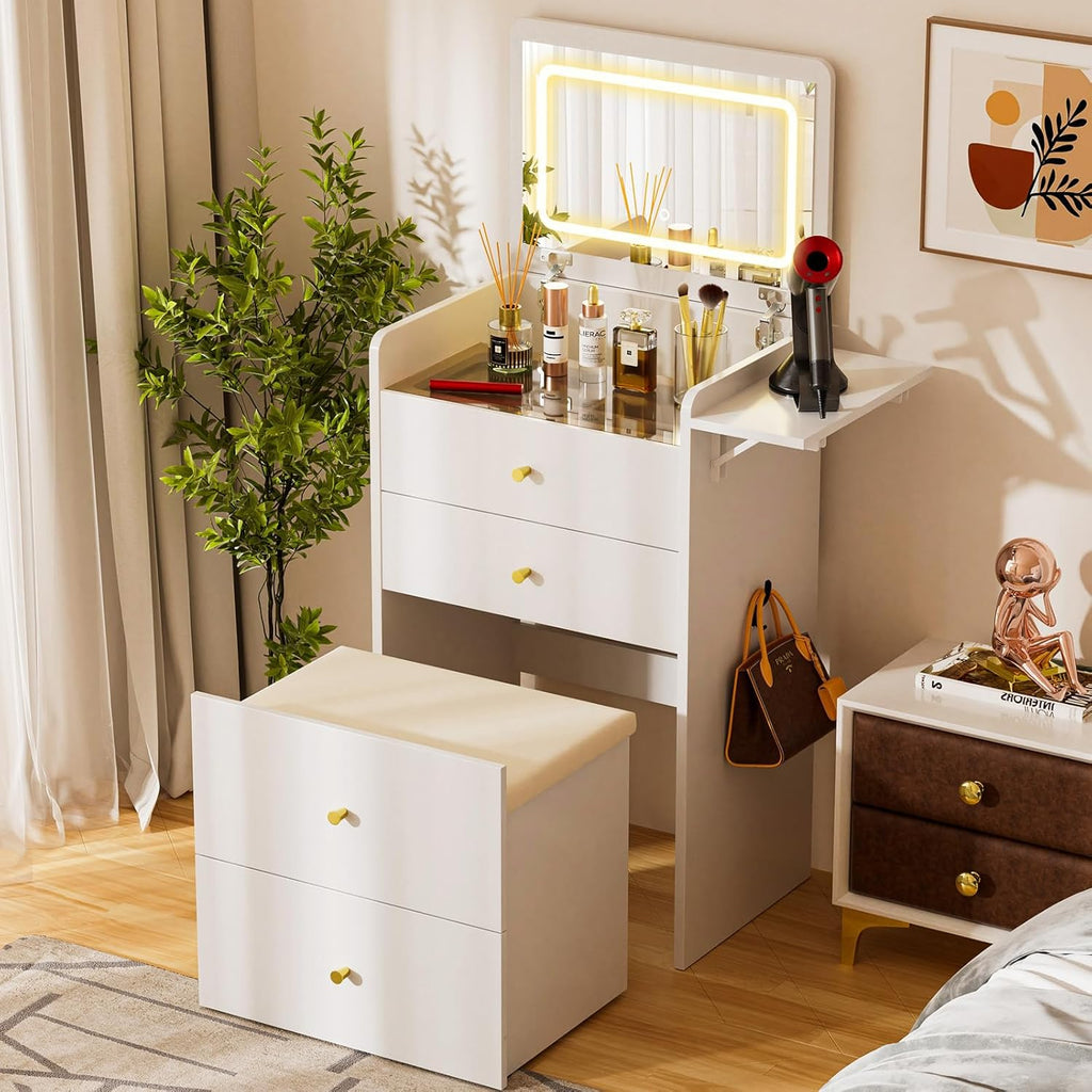 Makeup Vanity Desk with Mirror and Lights, Small 3 in 1 Vanity Table with Visible Glass Top, Flip Top & 3 Drawers