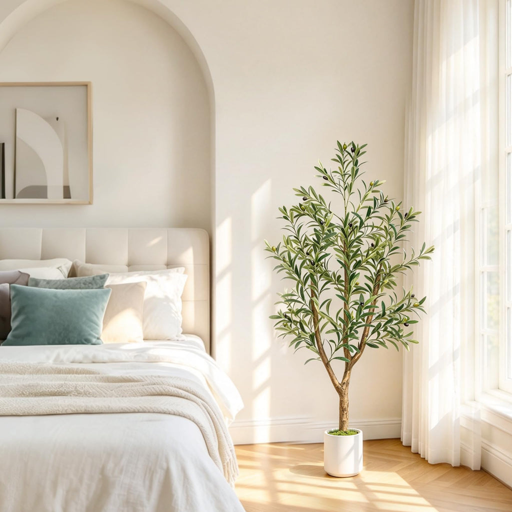Olive Trees Artificial Indoor: 5FT Faux Olive Tree with White Tall Planter & Moss, Large Fake Plants with Natural