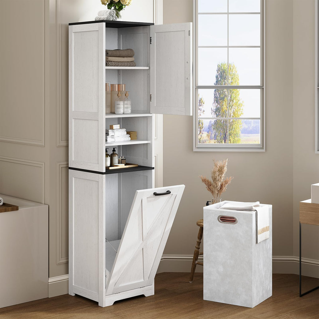 Tall Bathroom Cabinet, 67" Farmhouse Laundry Hamper Cabinet with Shelf Adjustable, 11.7 Gallon Capacity Tilt-Out
