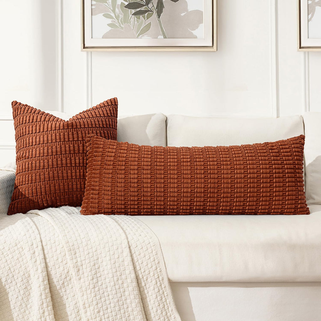 Fall Lumbar Corduroy Throw Pillow Cover for Bed 14x36 Dark Rust