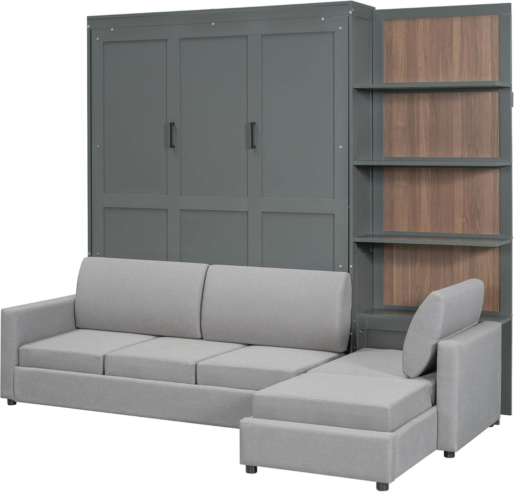 Queen Murphy Bed with Sofa and Shelves, Gray | Space-saving sleeping solution with integrated seating and display
