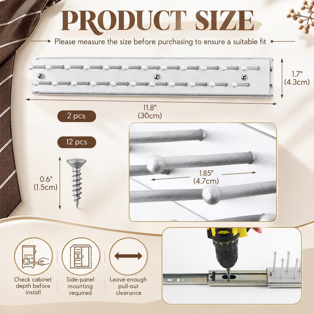 2 Pcs 12'' Sliding Tie Rack Hangers for Closet, 23 Tie Each, Sliver