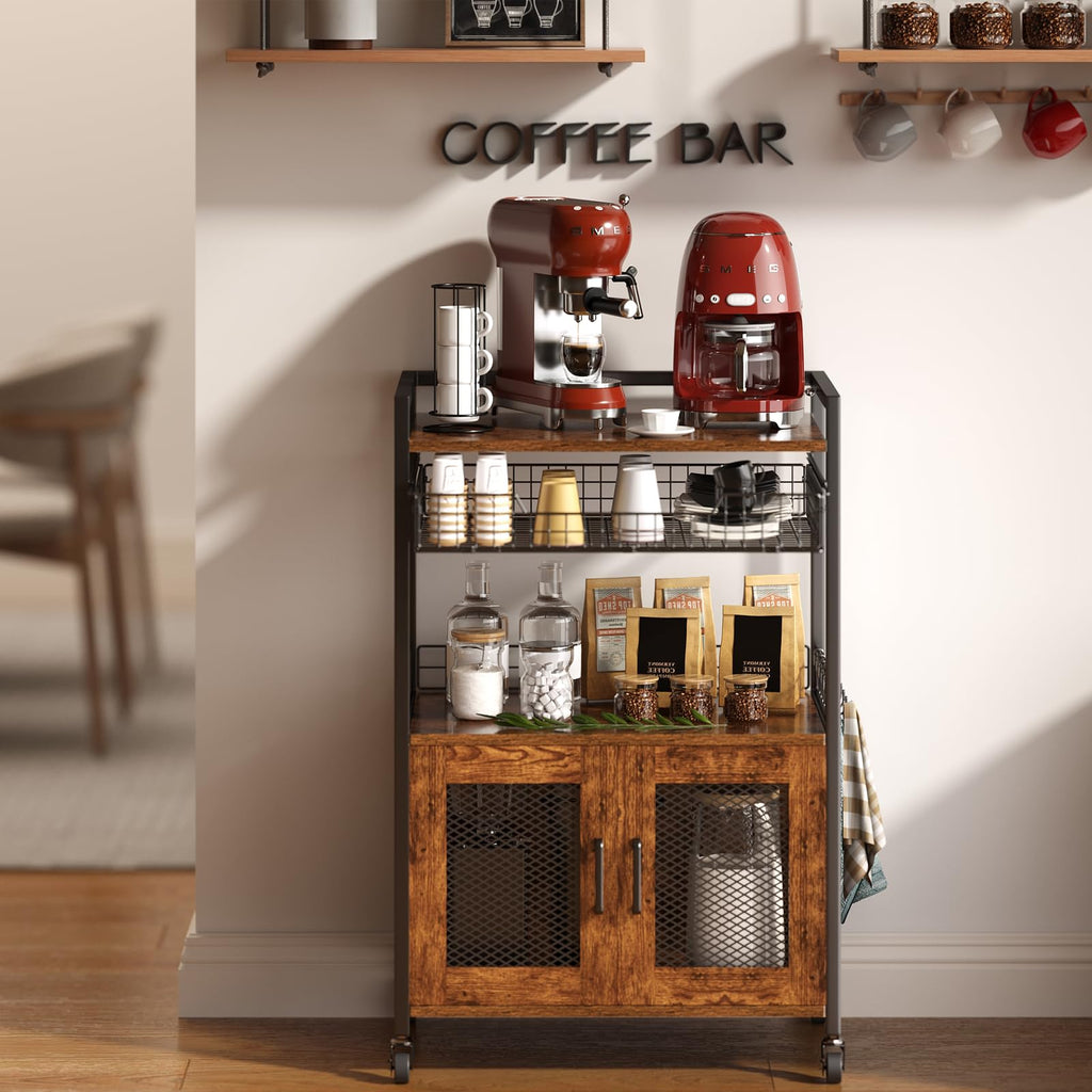 Coffee Bar Cabinet, 3 Tier Coffee Station Table on Wheels, 35.9" H Bar Cart with Wire Basket Drawer & 5 Hooks