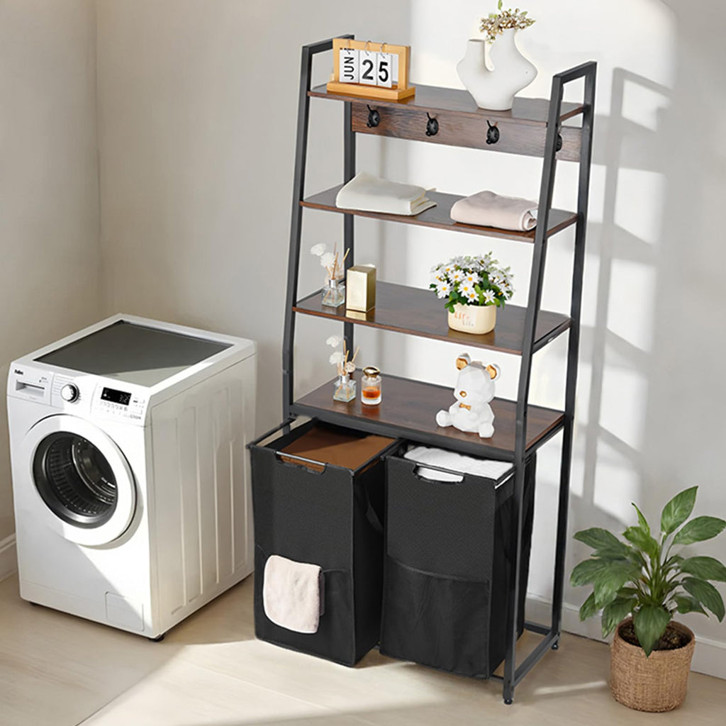 4 Tiers Laundry Sorter, Tall Laundry Hamper with Shelves and Hooks, 2 Section Freestanding Basket Organizer Storage