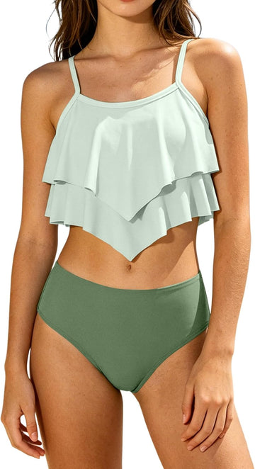 Girls Swimsuit 2 Piece Bikini Set Tiered Ruffled Bathing Suit Adjustable Straps Girls' Swimwear