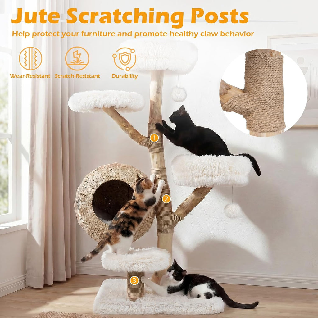 53-inch Wood Cat Tree, Multi-Level Modern Wooden Cat Tower, White