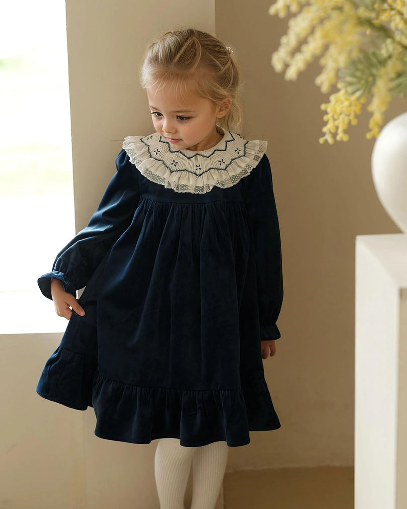 Baby Girls' Dresses,Toddler Vintage Christmas Party Velvet Fall Dress with Long Ruffle Sleeve and Peter pan Collar