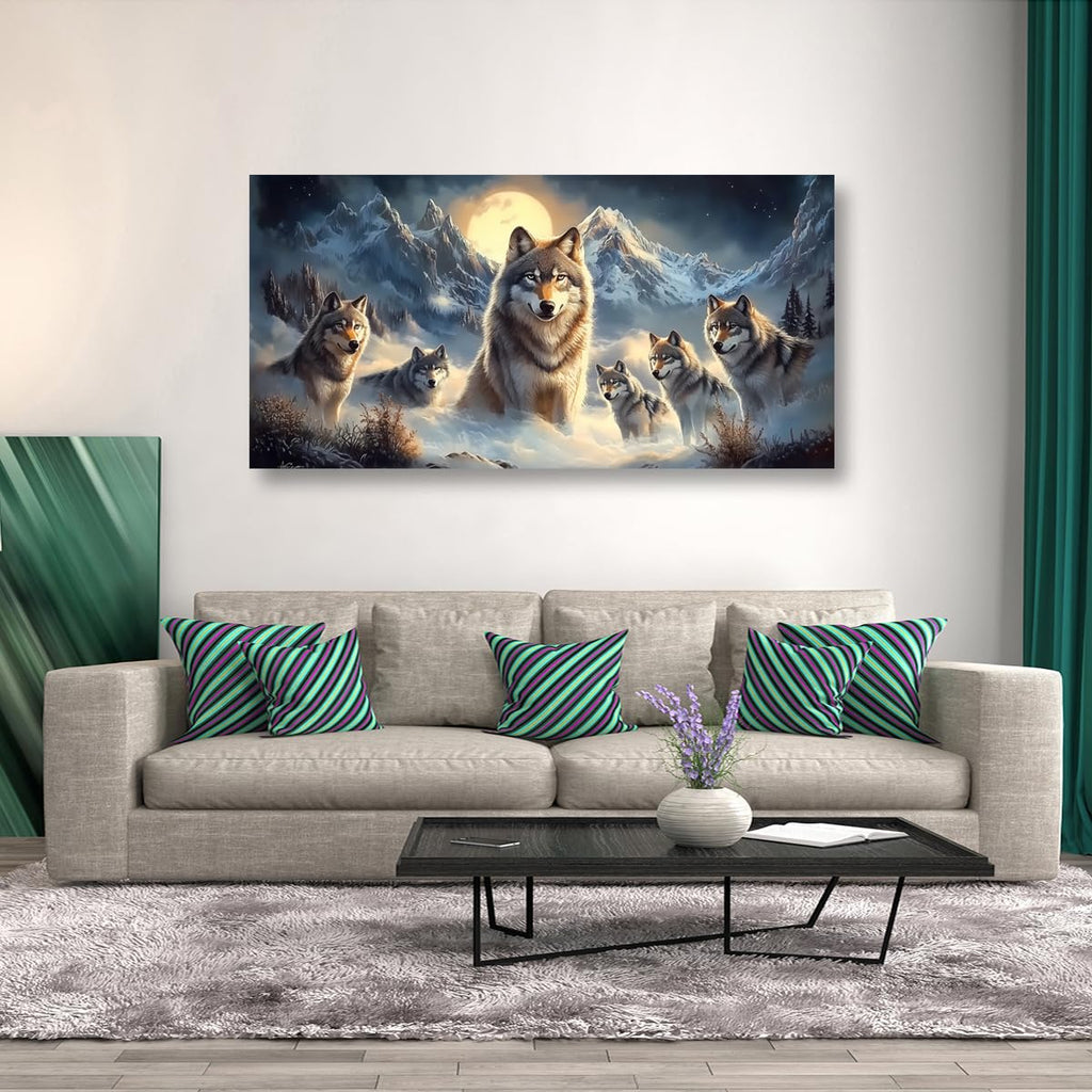 Framed Wolf Wall Art, 40x20 Inch Large Horizontal Mountain Moon Wolves Canvas Prints, Rustic Wildlife Nature Wall