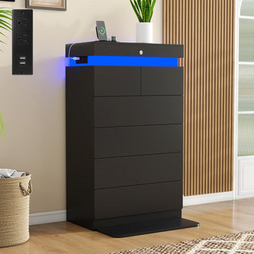 48" Tall Black Dresser 6 Drawer with LED Lights & Charging Station