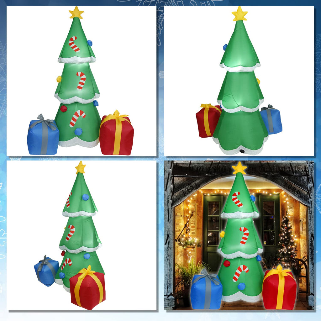 6FT H Adorable Christmas Inflatable Tree with Two Gift Gags with Build-in LED Lights, Blow up Christmas Tree Outdoor