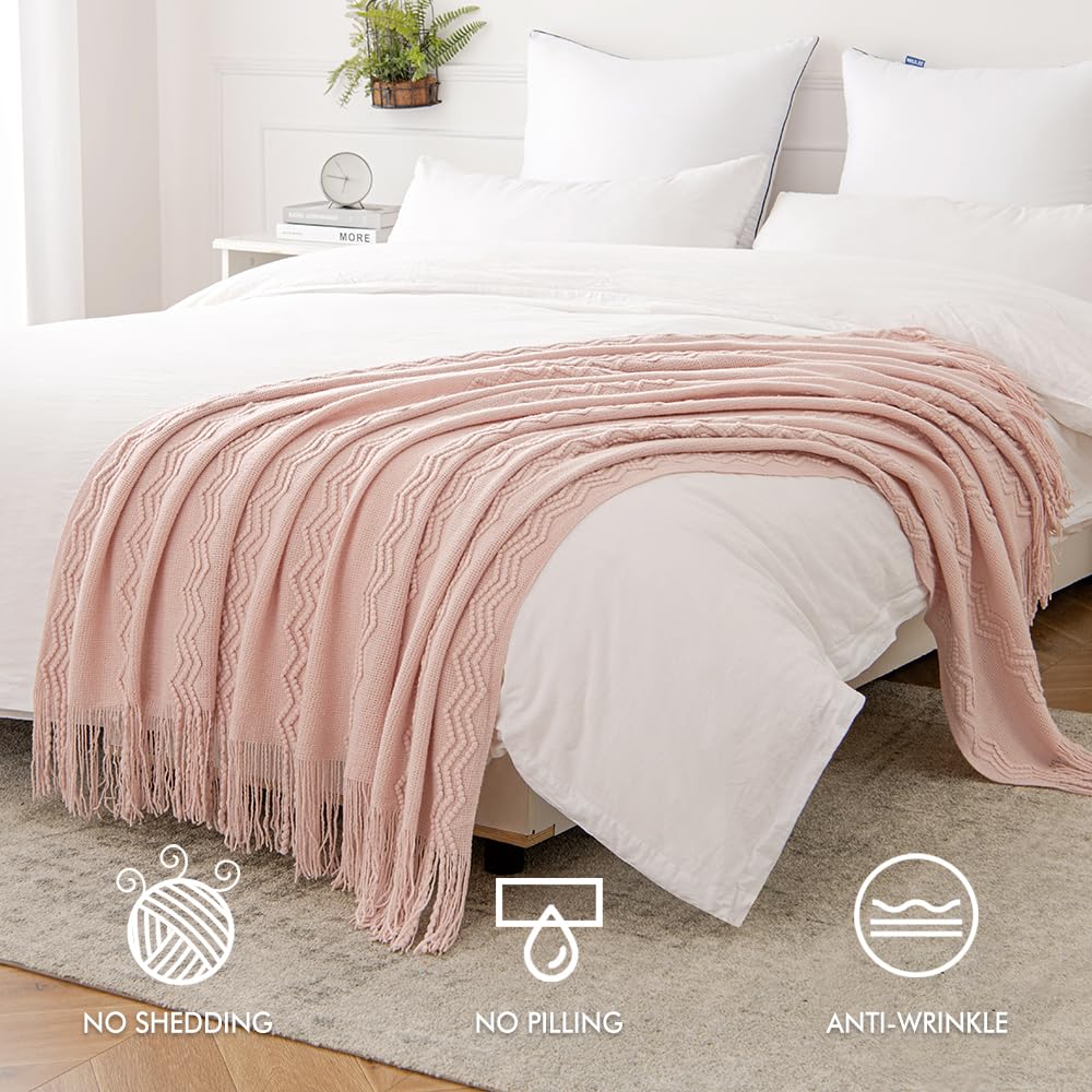Light Pink Knitted Boho Throw Blanket for Couch 50"x60"