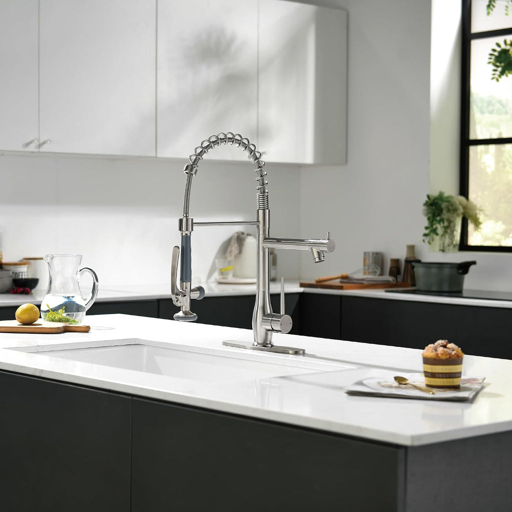 Commercial Kitchen Sink Faucet with Pull Down Sprayer Brushed Nickel | High Pressure Double Headed Spray, Stainless