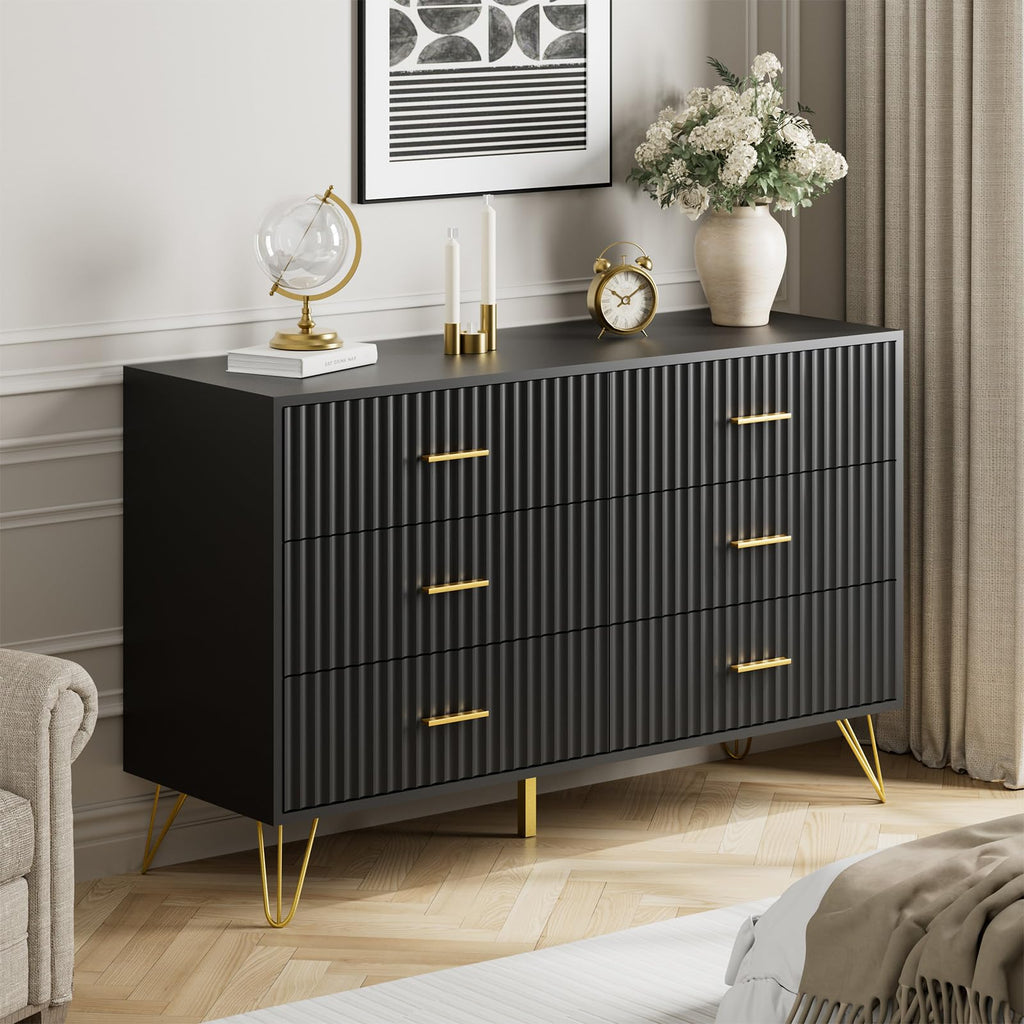 Fluted Dresser, 6 Drawer Black Dresser with Gold Handles, Modern Storage Dressers & Chests of Drawers