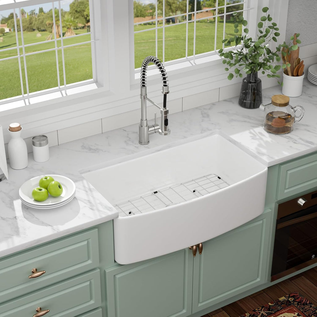 33 Inch Farmhouse Sink White Porcelain Ceramic Apron Front Kitchen Sinks Curved Apron Front Farm Sink Single Bowl