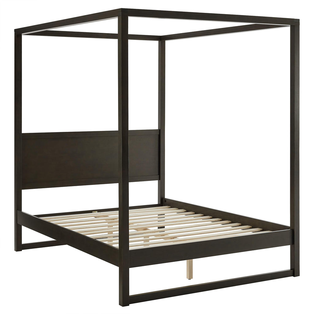 Alva 4-Post Wood Platform Canopy Bed in Smoked Oak - with Headboard and Solid Rubberwood Frame
