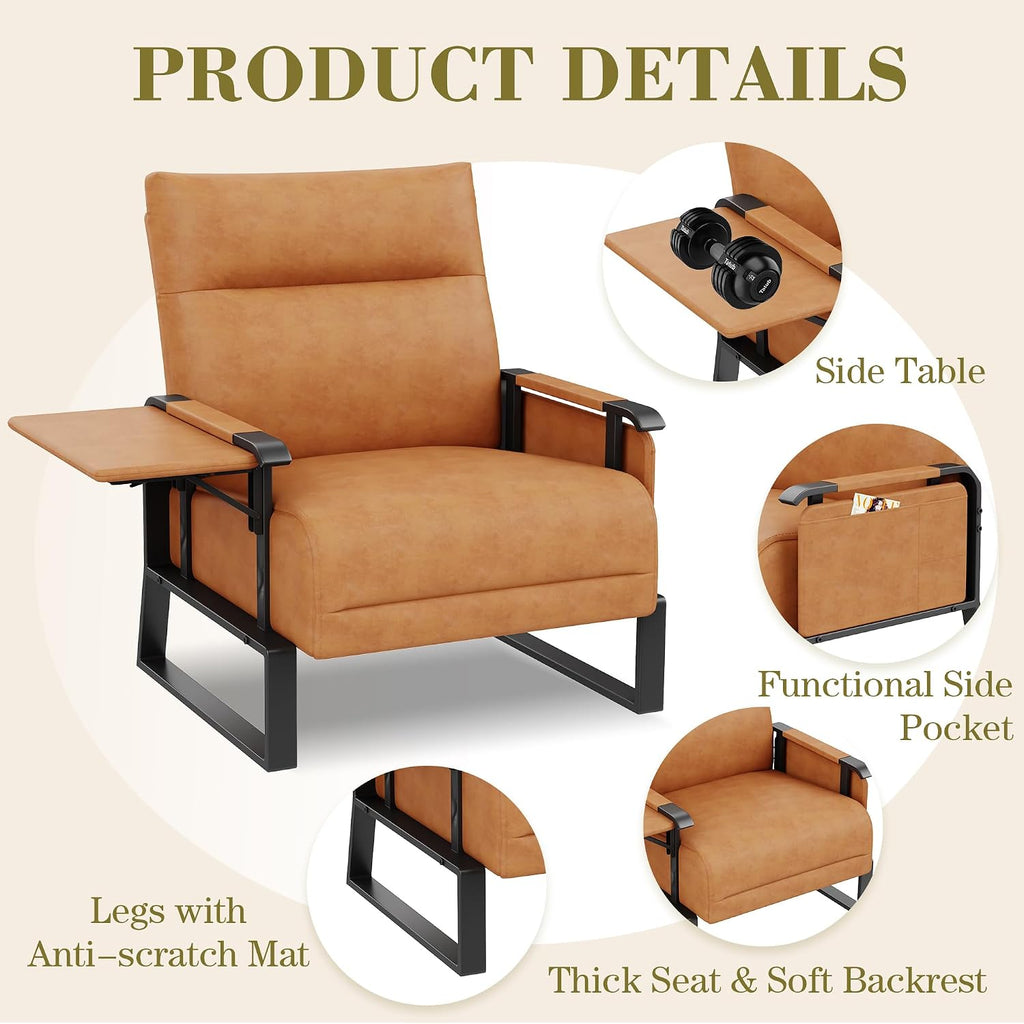 PU Leather Accent Chair Brown Armchair with Side Table