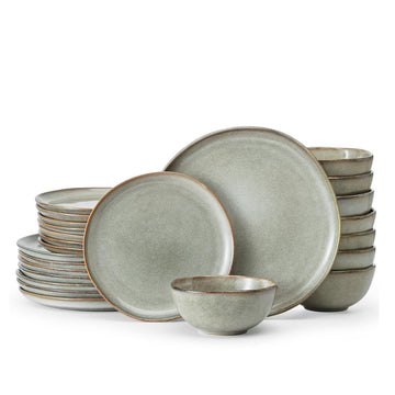 Stoneware Dinnerware Sets for 8, Reactive Glaze Plates and Bowls, Grey