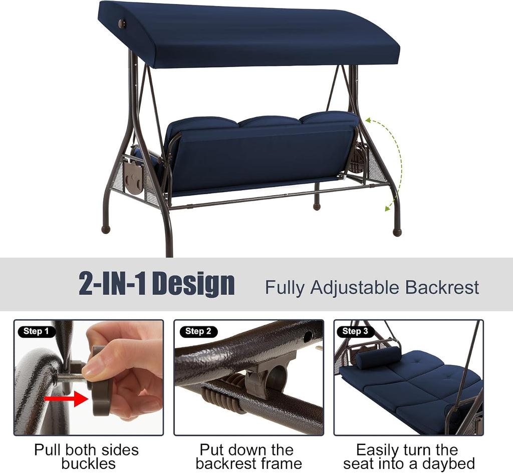 3-Seat Outdoor Porch Swing with Adjustable Canopy, Convertible 2-in-1 Patio Swing Bed with Heavy Duty Stand, Glider