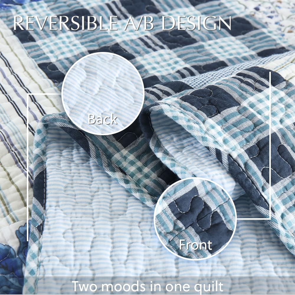 Cotton Patchwork Quilt Sets, Lightweight Reversible Coverlet Bedding Sets with 2 Pillow Shams, Blue White