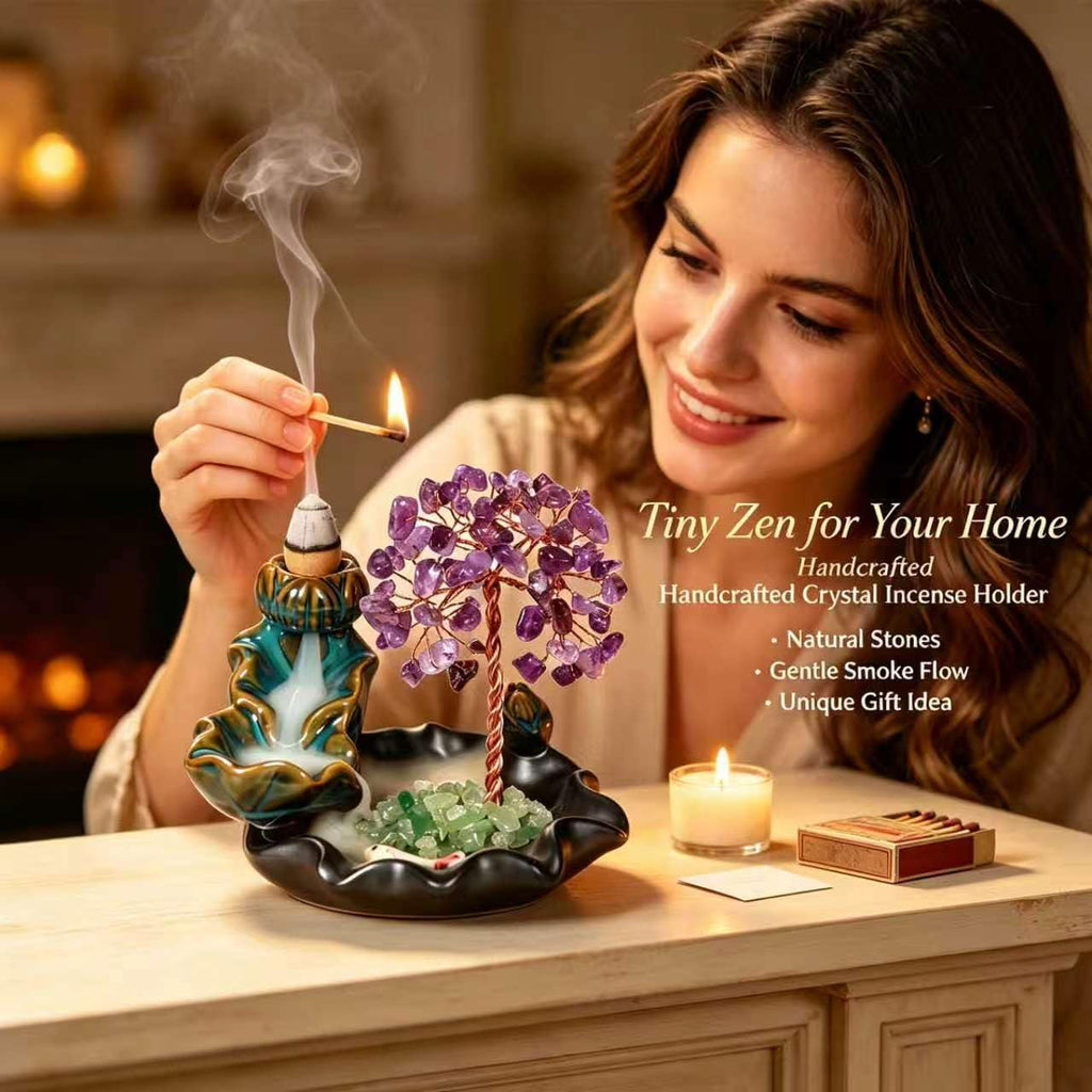 Ceramic Waterfall Incense Burner, Money Tree Backflow Holder Healing Crystal Stone, with 30 Cones + Stick for Yoga - Set of 63