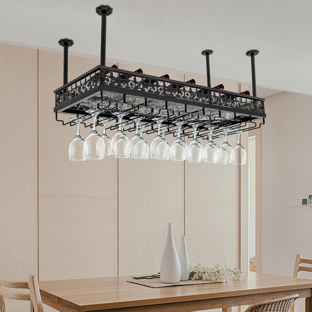Hanging Wine Rack with Glass Holder, Ceiling Wine Glass Rack 13.78-21.65 inch Height Adjustable Industrial Hanging