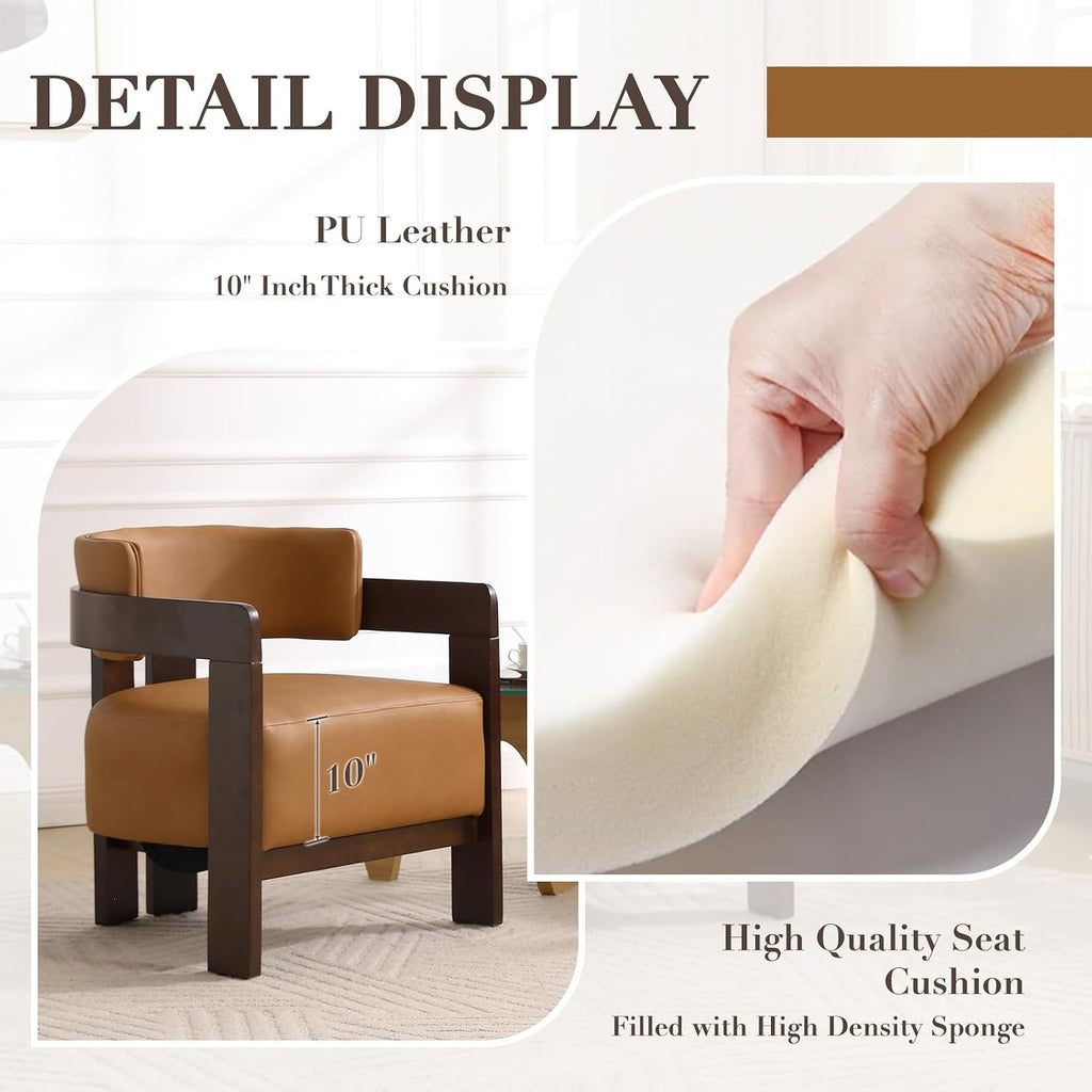 Modern Accent Chair, Upholstered Guest Chair Barrel Chairs PU Leather Side Chair with Wooden Legs Armrest - Set of 2