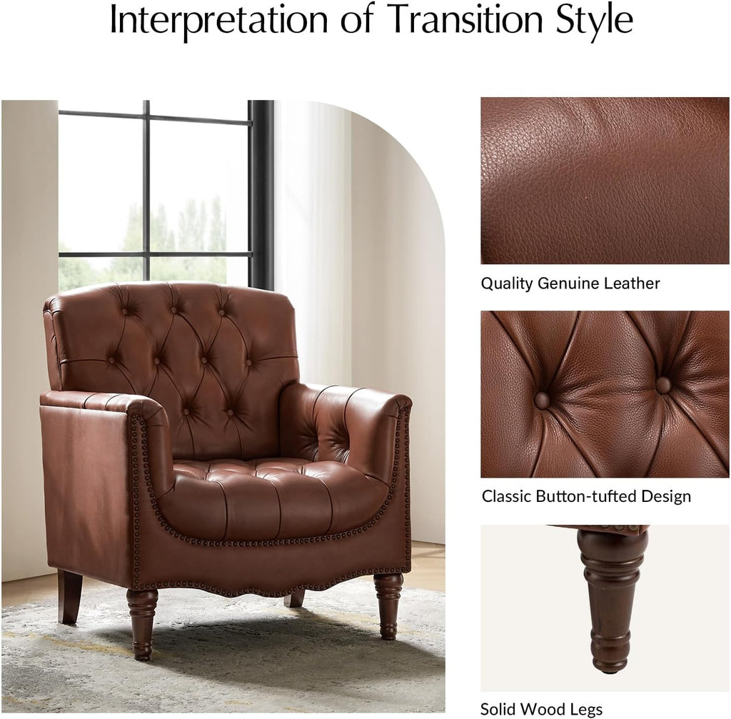 Mid Century Modern Genuine Leather Accent Chair, Brown - Set of 2