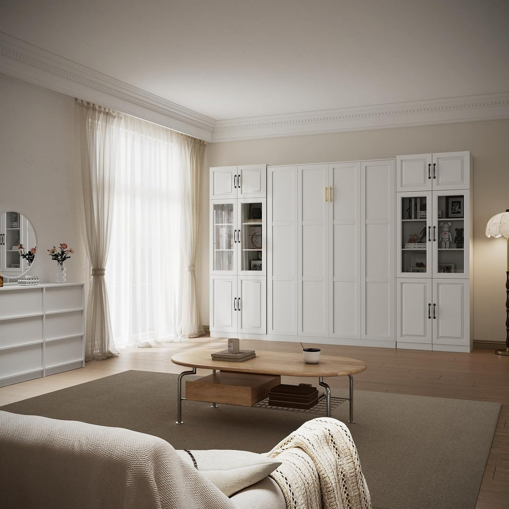Farmhouse Murphy Bed Queen, 85" Wall Bed Folds to Save Space, Concealed Bed Frame with 2 Glass Storage Cabinets and