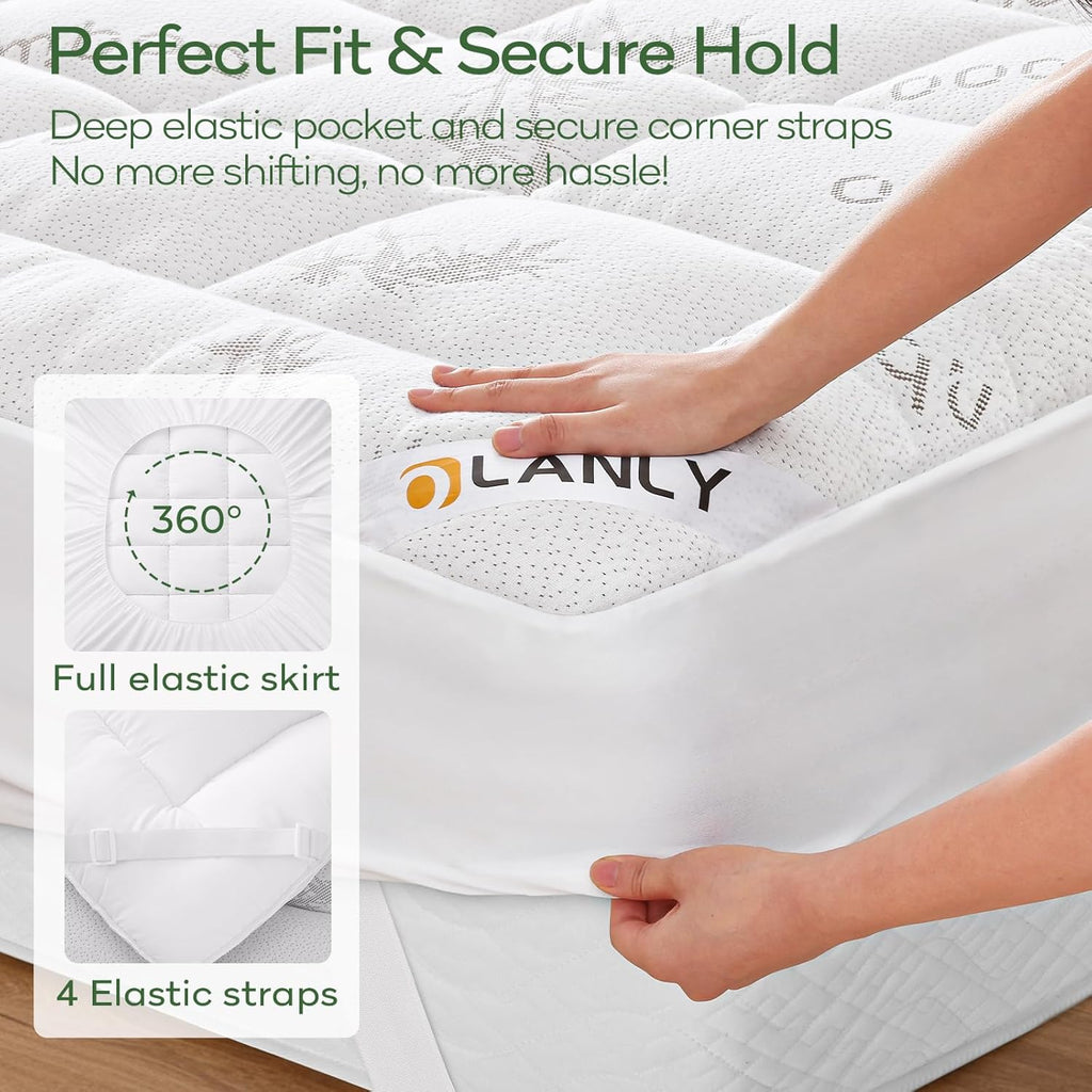 King Bamboo Viscose Cooling Mattress Topper, White | Soft Quilted Comfort, Pillow Top Mattress Pad, Plush Down