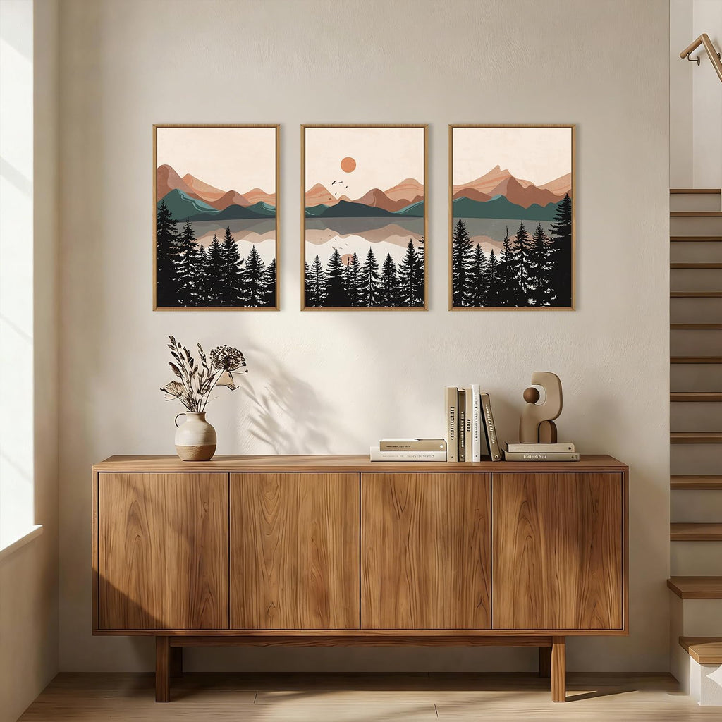 Boho Mountain Sunset Framed Canvas Wall Art Set,Colorful Mid Century Forest Wall Decor,Beige Nature Pine Tree Art