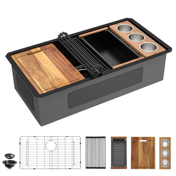 36" x 19" Undermount Matte Black Workstation Kitchen Sink