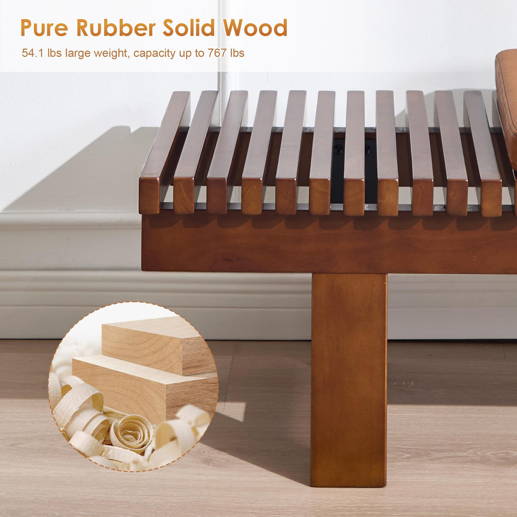 Solid Wood Entryway Bench, 59.4" End of Bed Bench with Removable Cushions & Wooden Legs, Farmhouse Indoor Bench