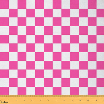 Geometric Grid Outdoor Fabric by The Yard, Cartoon French Style Pink DIY Craft, Modern Geometric Plaid Soft Polyester