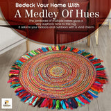 Jute Area Rug 6ft-Natural Fiber Round Cotton Fringes Handmade Boho Multicolour Soft Braided Rustic V