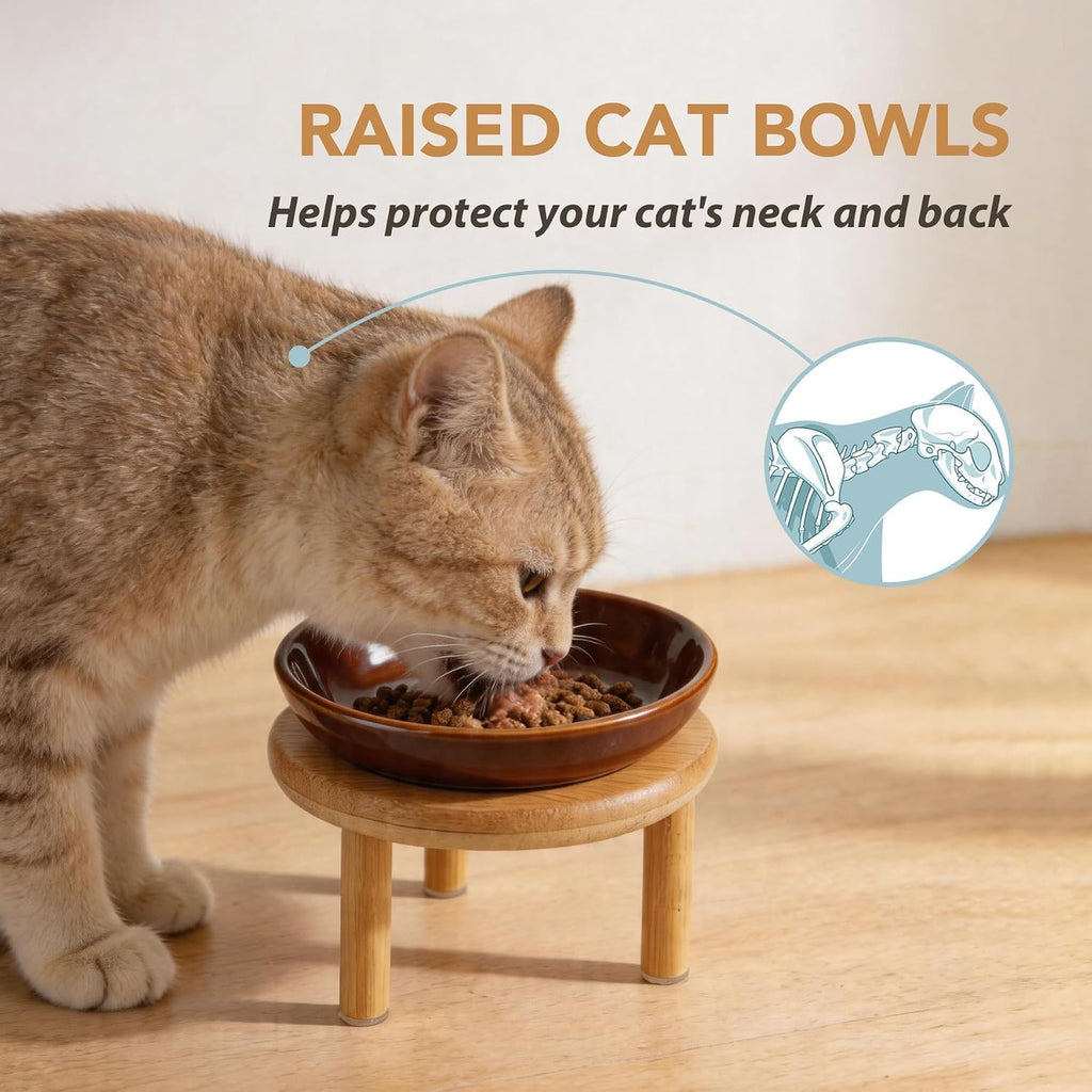Elevated Cat Bowls, Ceramic Cat Bowl with Bamboo Stand Wide Opening