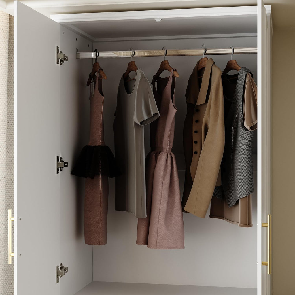 Wardrobe Closet with 4 Doors, Modern White Bedroom Armoire