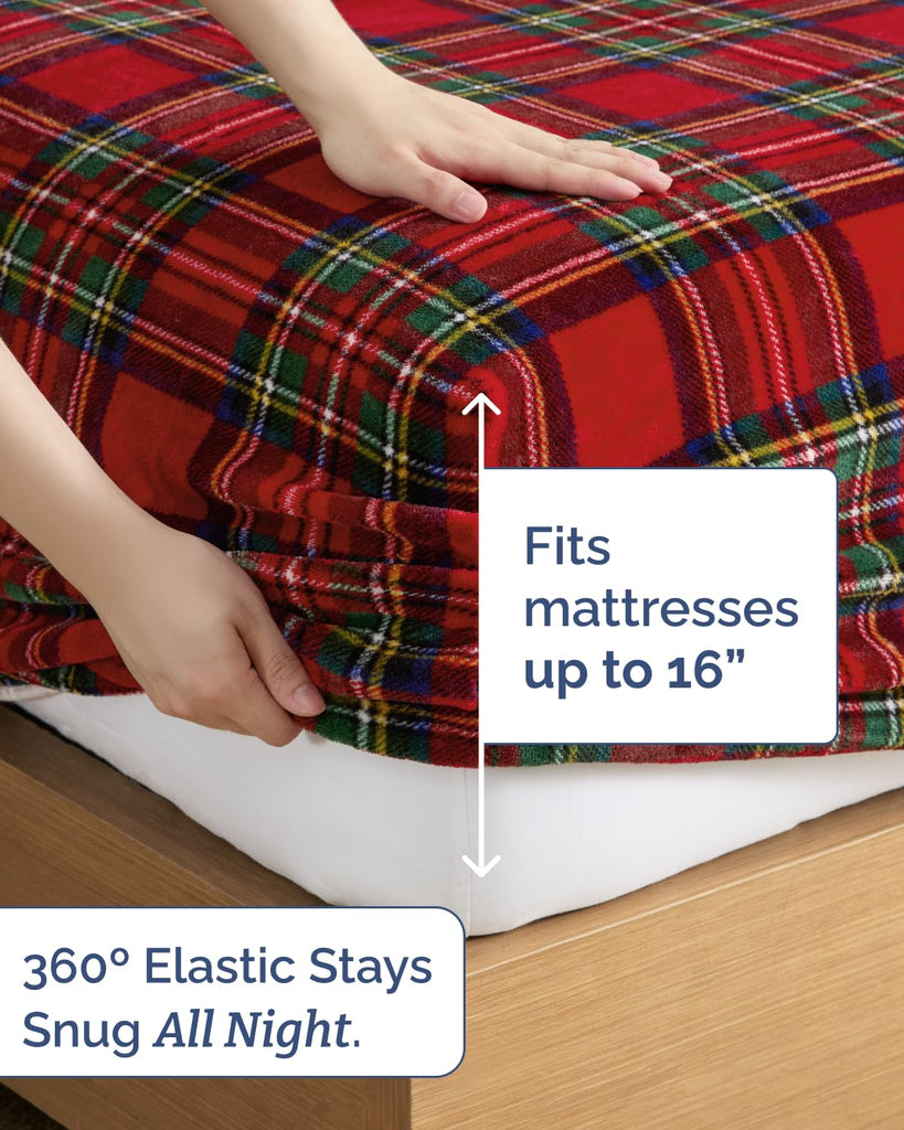Fleece Sheets Twin Size Set - 3-Piece Velvet Flannel Sheet Set - Tartan