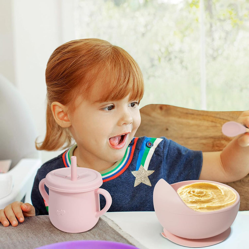 100% Silicone Baby Feeding Set,BPA Free Baby Dishes Set with Suction Bowl Divided Plate,Toddler Self Feeding Dish Set