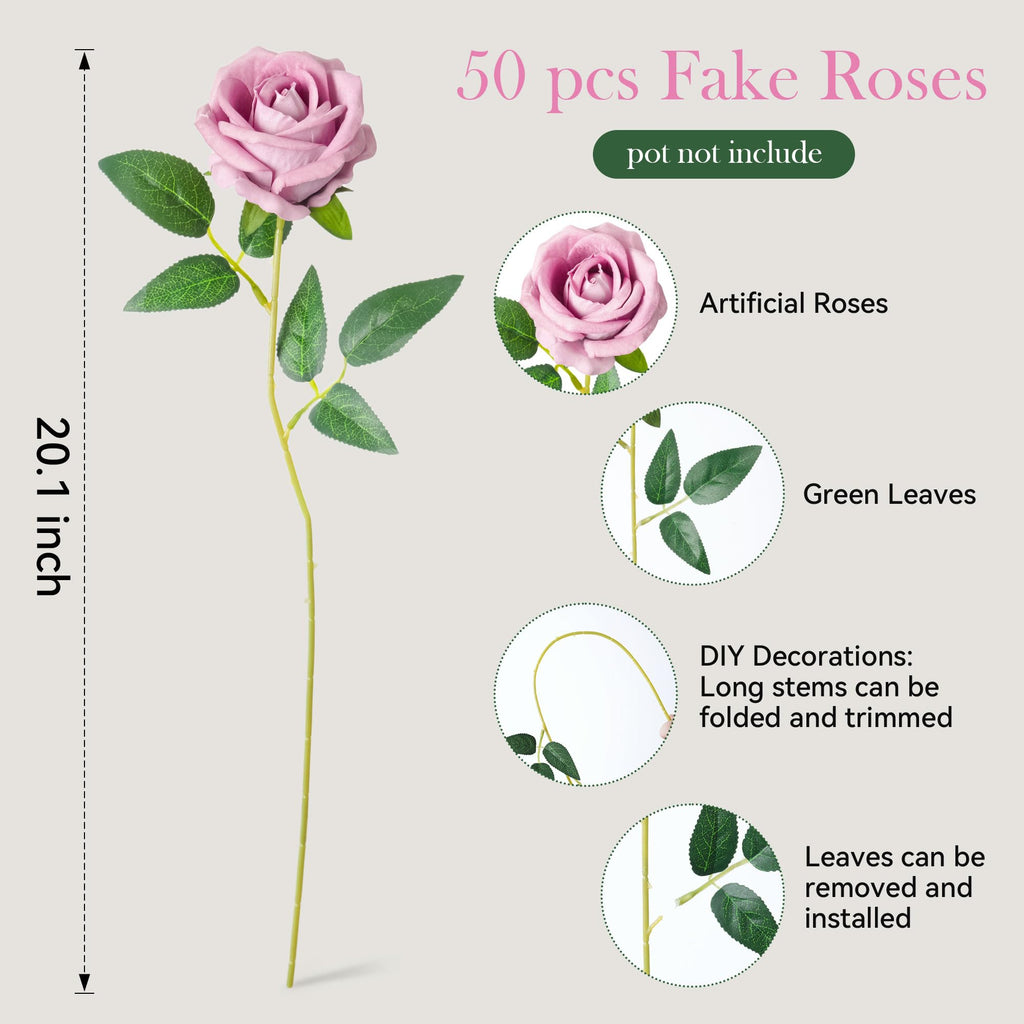 50 PCS Pink Roses Artificial Flowers with Long Stems