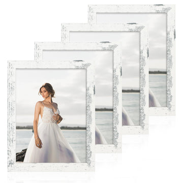 8.5x11 Picture Frame Set of 4, Distressed White Certificate Frame with Real Glass, Wood Photo Frames 8.5 by 11