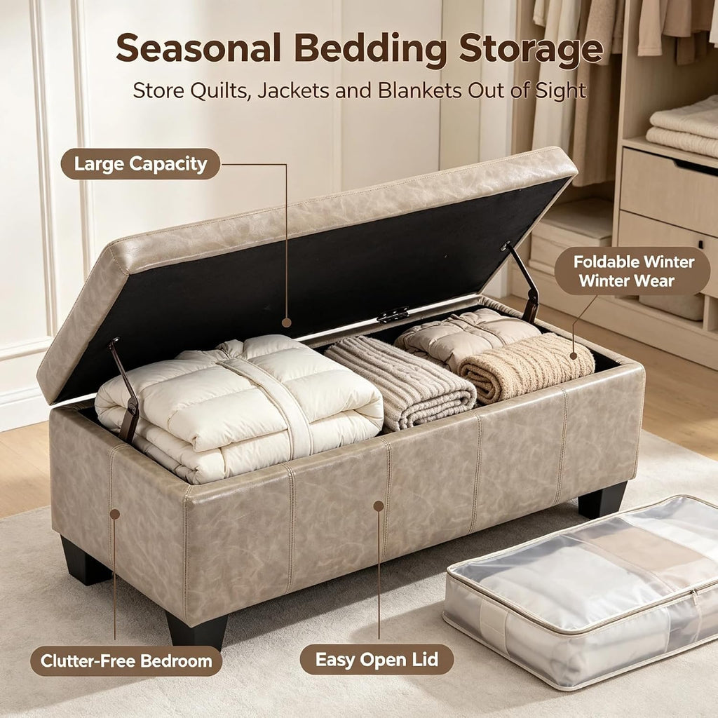 41.5 Inch Light Gray Faux Leather Storage Ottoman Bench for Small Spaces | 2.8 cu ft storage capacity,660 lbs weight
