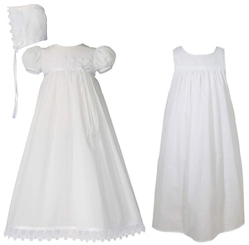 100% Cotton Handmade Girls Christening Special Occasion Dress with Italian Lace - w/Slip - NB