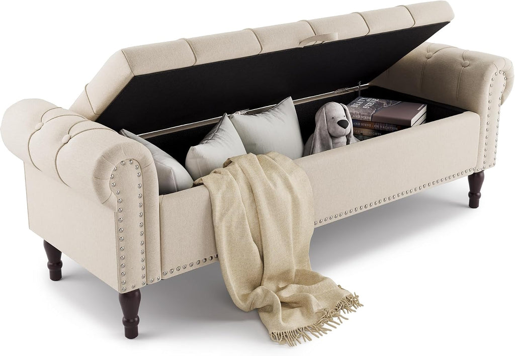 Storage Bench Ottoman, 61" King Linen Rolled Arm Bedroom End of Bed Bench, Window Bench with Button Tufted and