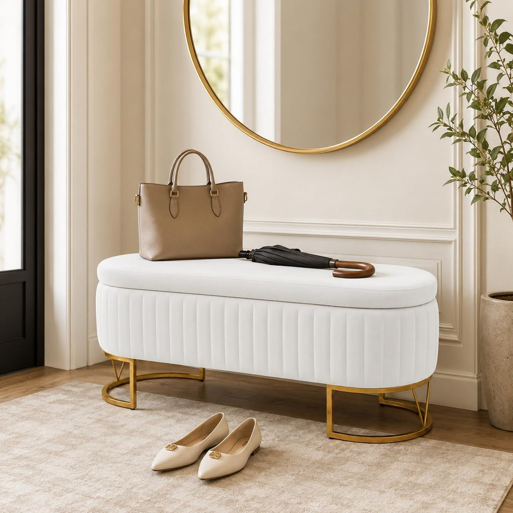 Velvet Storage Bench for Queen Size Bed, 46'' Beige Oval Ottoman, Gold Legs | Easy Assembly, Housewarming Gift