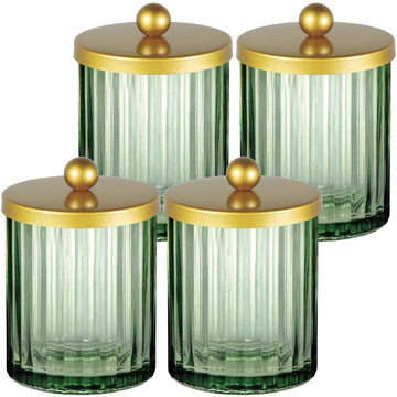 Green Glass Qtip Holder Dispenser, Bathroom Canister, Gold 4 Pack