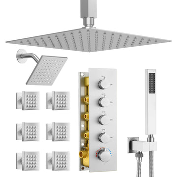 Thermostatic Dual Shower Head System with 6 Body Jets, 6-Inch Shower & 16" Rainfall Shower, Luxury Brushed Nickel
