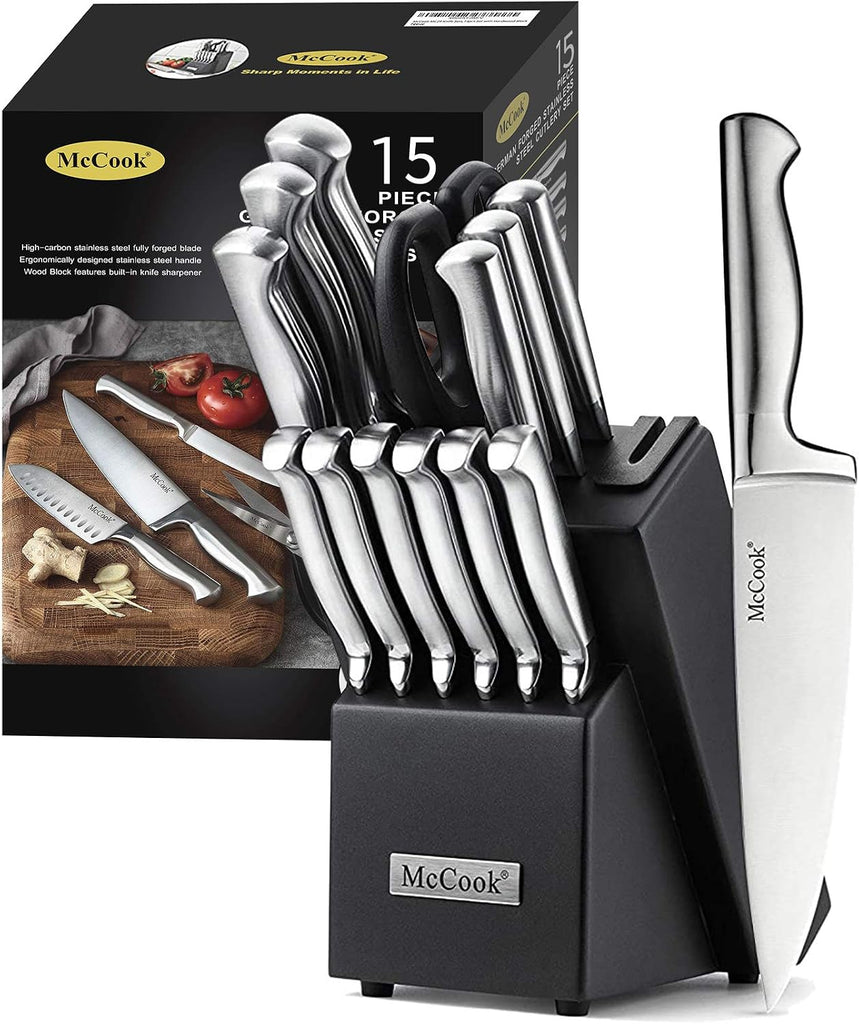 Knife Set Sharp Kitchen Knife Block Set w Built-in Sharpener | German Forged Stainless Steel,15 PC,Razor