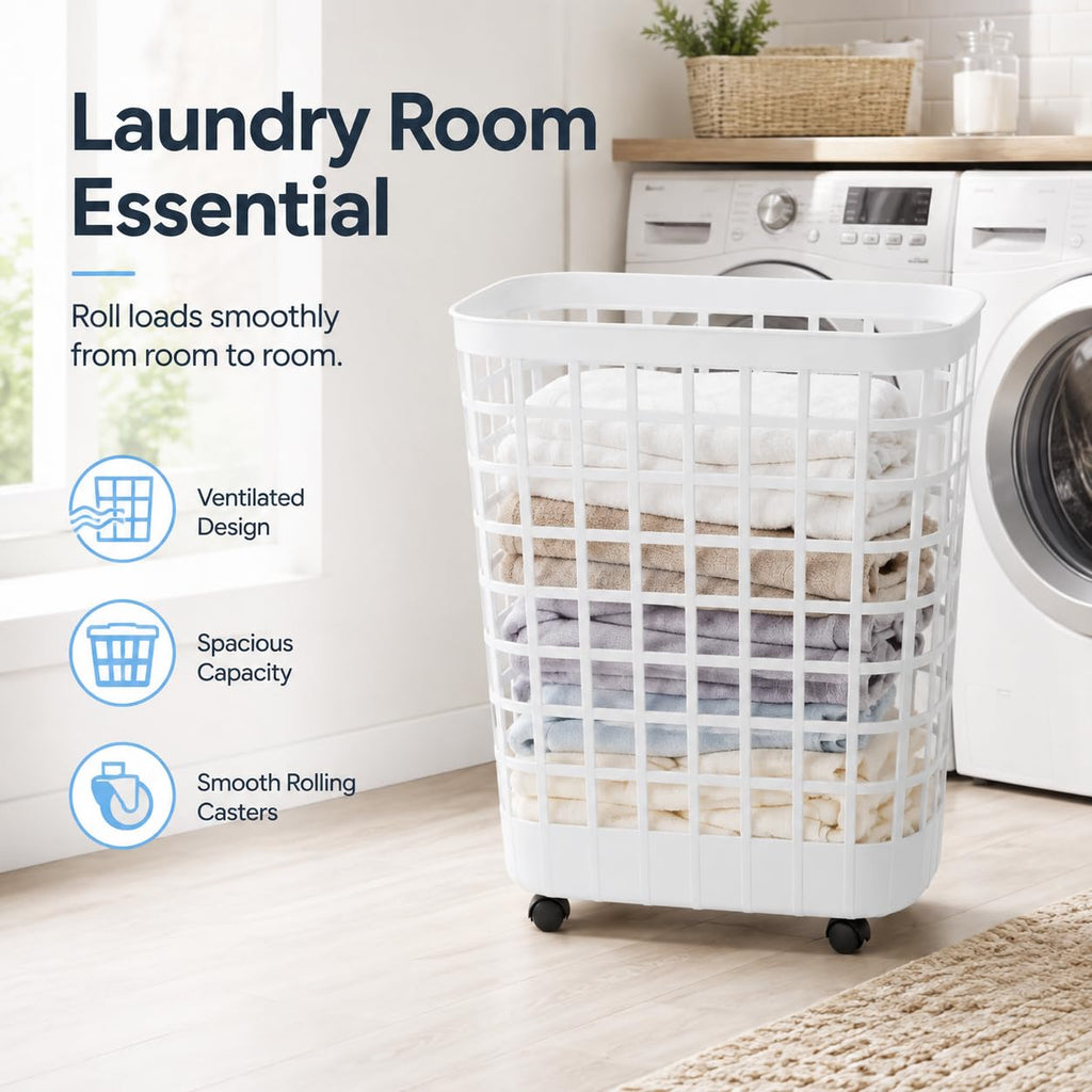 White Rolling Laundry Hamper 2.6 Bushel with Smooth-Glide Wheels