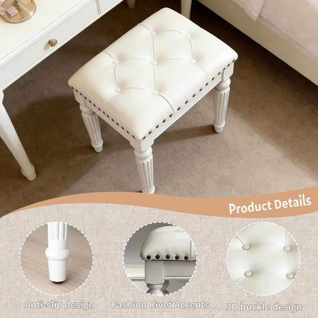 Vanity Bench Seating, Victorian Backless Vanity Stool, White Faux Leather
